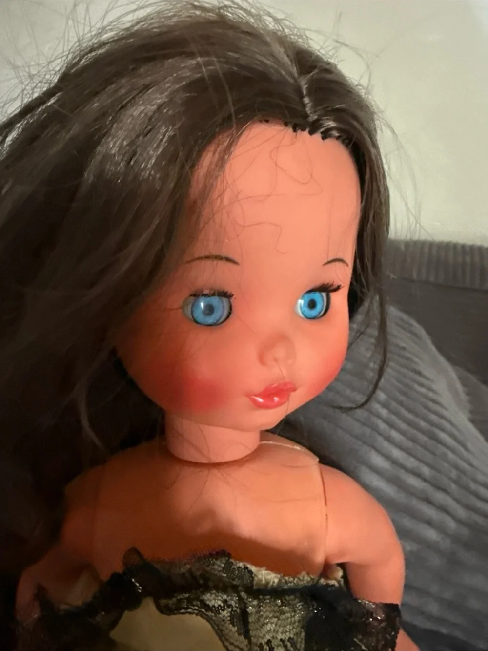 Vintage Furga Cream and Black Lace Dress Doll with Blue Eyes made in Italy